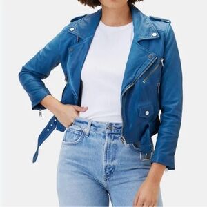 NWT Deadwood Joan Women’s Recycled Leather Blue Motorcycle Jacket. size 38 us4/6